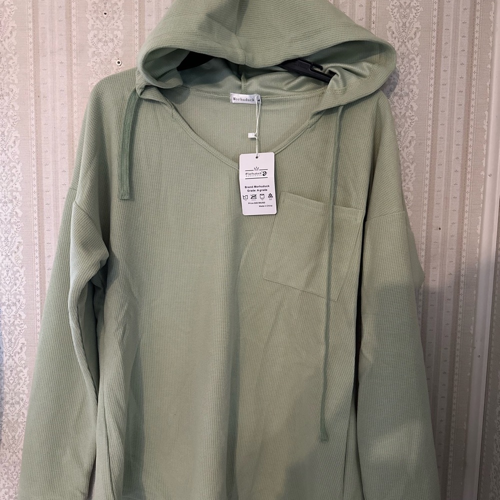 Morhuduck Women's V Neck Hoodie Long Sleeve Sweatshirt Drawstring Pullover Top L